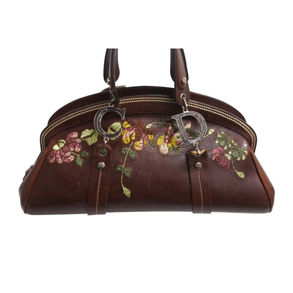Dior Handbags - Dior Brown Embroidery Christian Handbag Motif Floral Flower Logo